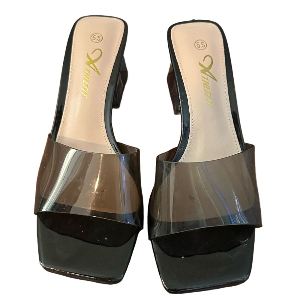 BLACK CHUNKY BLOCK HEEL SEE THROUGH MULES